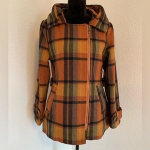 Stylish Plaid Pea Coat in Orange and Brown